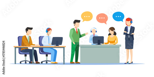 Team collaboration in concept of work calls and business communication. Operators at helpdesk and customer support center speaking with clients. Flat vector illustration isolated on white ... See More