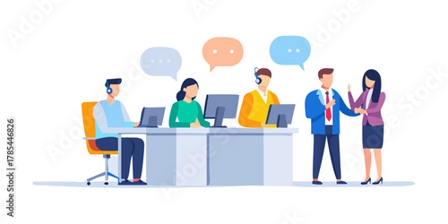 Team collaboration in concept of work calls and business communication. Operators at helpdesk and customer support center speaking with clients. Flat vector illustration isolated on white ... See More