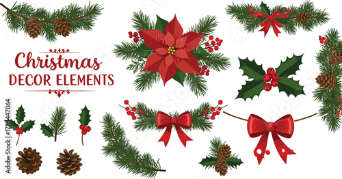 Christmas decor elements pine cones holly poinsettia red bows vector