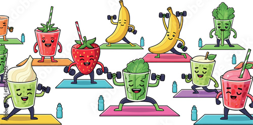 Healthy fruit and vegetable characters exercising and doing yoga