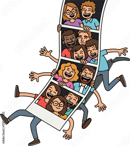 Joyful people falling out of a photo booth strip