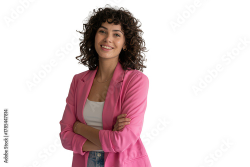 Woman in pink blazer smiling, isolated on transparent background