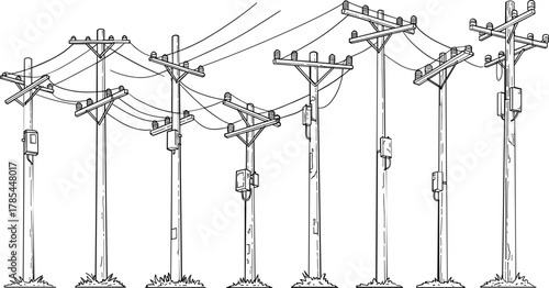 Collection of black and white telephone poles with wires and insulators utility pole power line