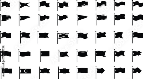 Collection of black flag icons in various shapes and styles on white symbol