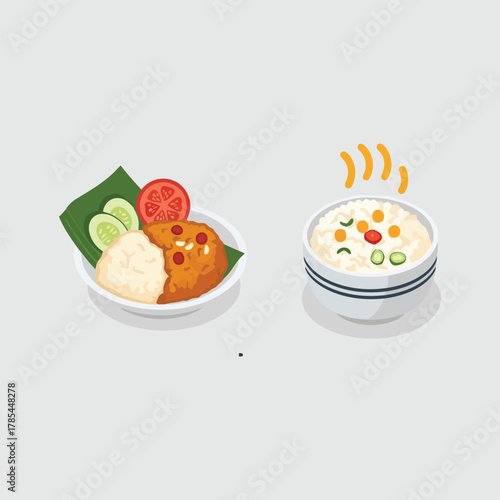 Delicious Indonesian cuisine featuring fried chicken and rice porridge.