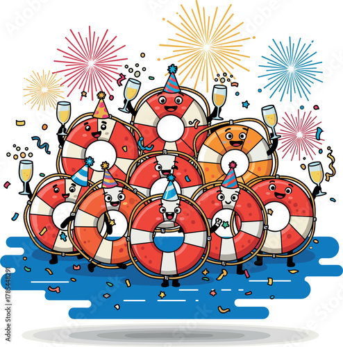 Life preservers celebrate new year with fireworks and champagne