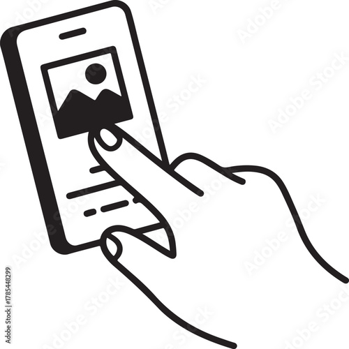Hand touching a picture on a smartphone.