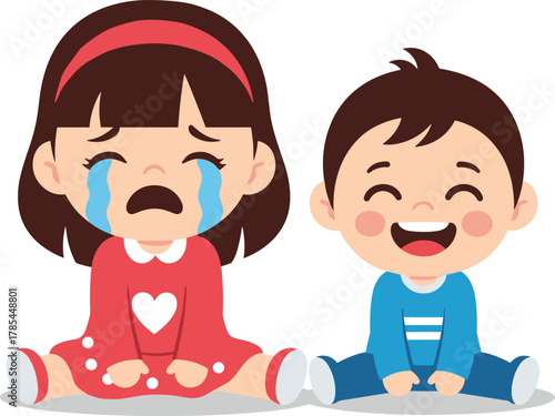 Cute crying girl and laughing boy sitting together, emotional contrast of sadness and joy, adorable children cartoon illustration