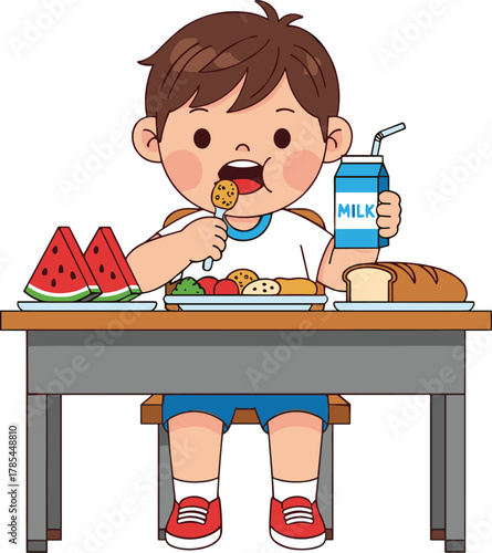 Cute little boy eating healthy breakfast with milk, fruits, bread, and cookies, happy child morning meal illustration