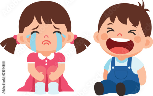 Cute little crying girl and laughing boy sitting together, emotional contrast of sadness and happiness, adorable children illustration