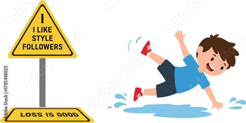 Funny cartoon boy slipping on wet floor near warning sign, humorous accident illustration with motivational quote concept
