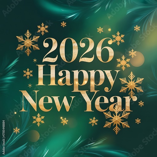 Golden happy new year 2026 with snowflakes and pine needles