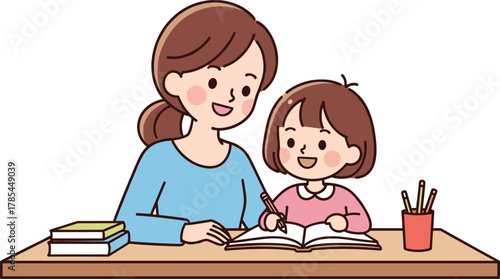 Mother helping daughter study at home, family learning and education concept with open book and smiling faces illustration