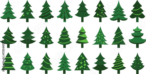 Collection of green Christmas trees with various decorations and patterns pine tree fir tree