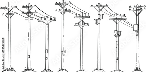 Collection of Hand Drawn Utility Poles with Wires and Transformers power line electricity