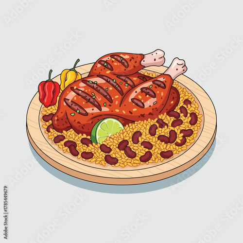 Delicious Jerk Chicken with Rice and Peas on a Wooden Plate.