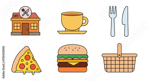Food icons vector cafe restaurant pizza burger picnic basket flat design