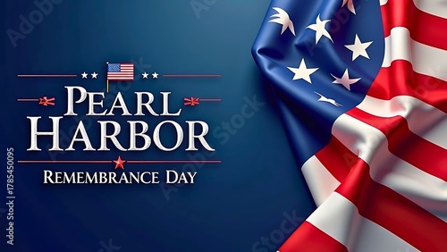A solemn Pearl Harbor Remembrance Day graphic featuring a draped American flag and commemorative text on a deep blue background.