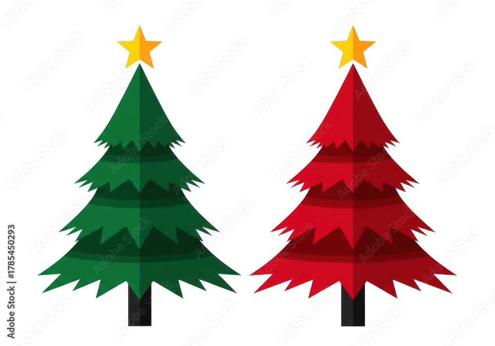 Obraz premium Two stylized christmas trees, one green and one red, each topped with a yellow star, isolated on transparent background