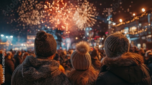 A family celebrating Christmas and New Year's Eve with wrapped winter attire and happy faces while watching fireworks