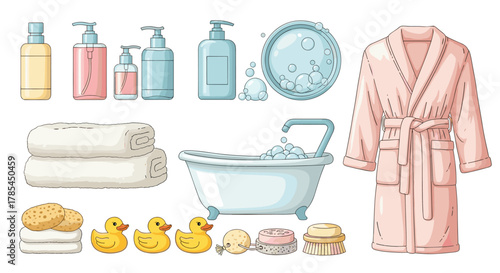 A cheerful assortment of bath and personal care items, featuring liquid soaps, soft towels, a bathtub with bubbles, rubber ducks, and a cozy bathrobe.