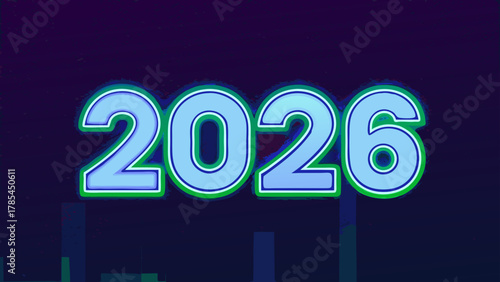 Bold blue and green outlined numbers 2026 displayed prominently against a dark purple textured background with faint city skyline silhouettes below