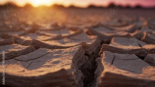 Sunset or sunrise over the cracked earth landscape