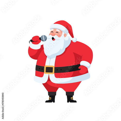 Jolly cartoon Santa Claus singing a Christmas carol into a microphone. Festive holiday character for party invitations and greeting cards