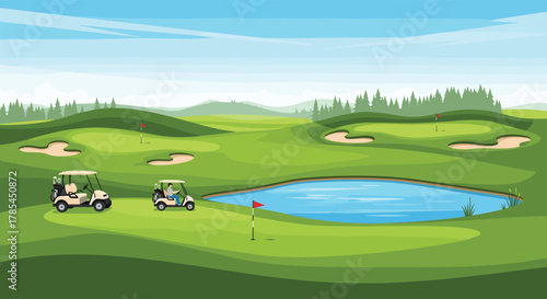 A vibrant illustration depicts a serene golf course with two golf carts, sand traps, and a water hazard under a clear blue sky.