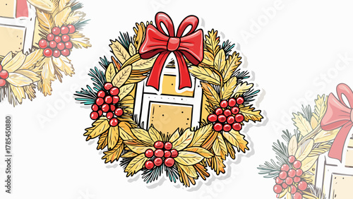Festive christmas wreath with red bow and berries framing a vintage floppy disk icon symbolizing holiday technology celebrations