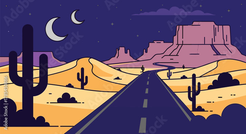 Desert road trip illustration with cactus and moon vector background