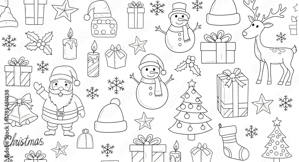 Obraz premium A festive seamless doodle pattern featuring hand-drawn Christmas elements such as Santa Claus, snowman, reindeer, gifts, candles, Christmas trees, stars, and holiday hats. This cheerful black-and-whit