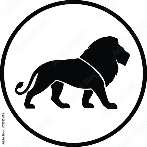 Vector lion walking in circle black and white silhouette illustration