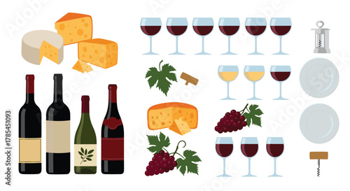 Vector illustration set of wine and cheese elements, featuring bottles, glasses, grapes, various cheese types, corkscrews, and plates.
