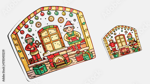 Whimsical christmas gingerbread house scene with elves decorating and opening gifts by a cozy fireplace