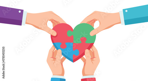 Multiple hands collaboratively assemble a heart-shaped puzzle, symbolizing unity, love, and teamwork in building connections.