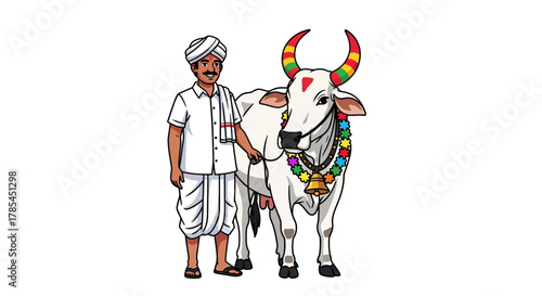 A farmer in traditional attire stands beside a decorated white bull, showcasing cultural heritage.