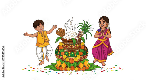 Pongal festival celebration with children and traditional pot.