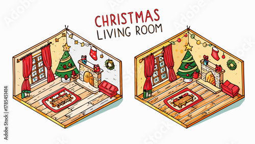 Cozy isometric christmas living room scenes with decorated tree fireplace and sofa perfect for holiday design