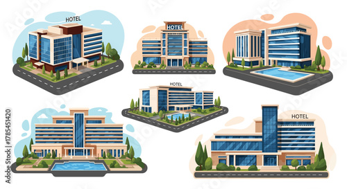 Collection of modern hotel buildings with distinct architectural styles, some featuring pools and landscaping, set for travel and hospitality.