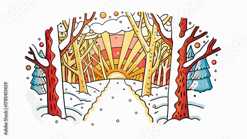 Whimsical winter forest scene with a bright sunrise illuminating snow covered trees and a path