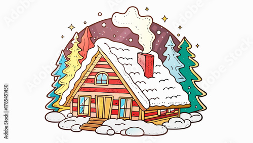 Charming cartoon winter cabin nestled amongst colorful snowy pine trees with smoke rising from the chimney under a starry night sky