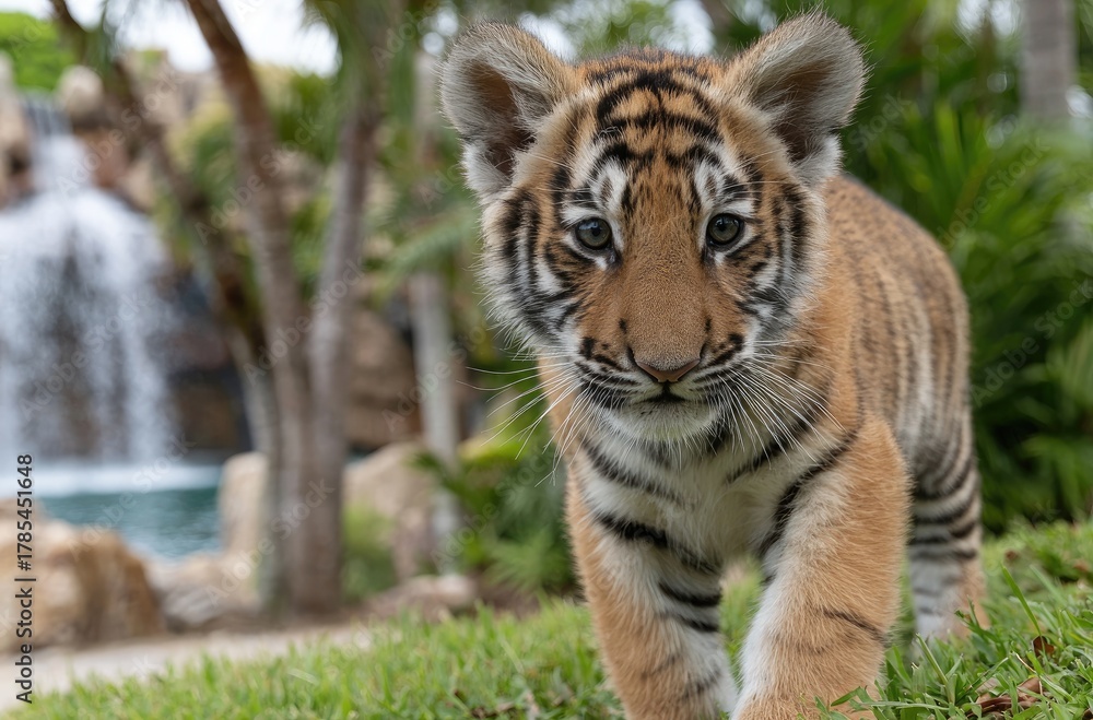 Naklejka premium a small tiger cub walking on the grass, side view, in front of trees and a waterfall