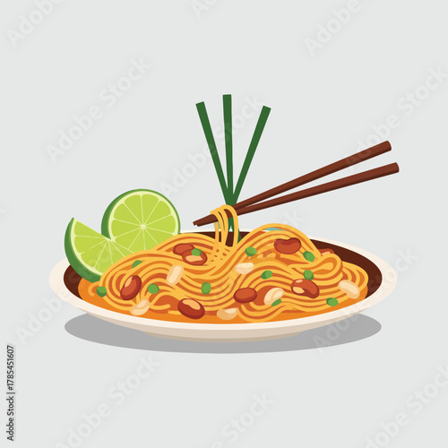 Delicious Noodle Dish with Lime and Chopsticks Illustration.