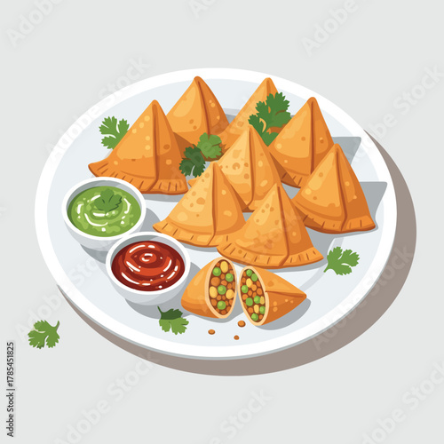 Delicious Samosas Served With Chutney And Ketchup On A Plate.