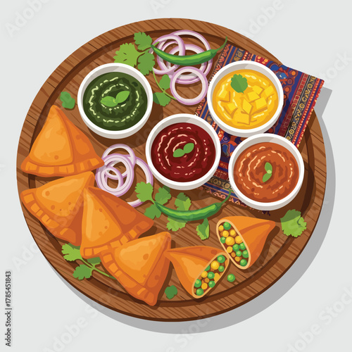 Delicious Samosas with Assorted Dips on a Wooden Tray Indian Cuisine.