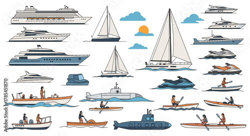 A diverse collection of water vehicles, including cruise ships, yachts, sailboats, jet skis, kayaks, and submarines, illustrating various marine activities.