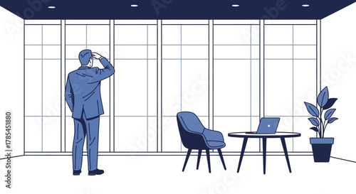 Businessman looking out of office window cityscape vector illustration