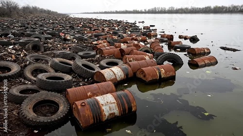 old rusty metal and tire at river
