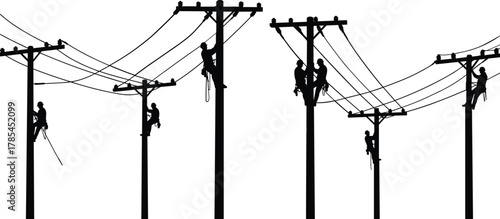 Silhouettes of linemen working on utility poles with power lines lineman electrician